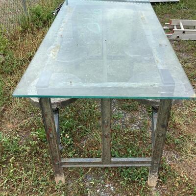 5302 Vintage Industrial Cast Iron Glass Top Swing- Out Seat Picnic Table from Boeing Vertol Plant, PA.