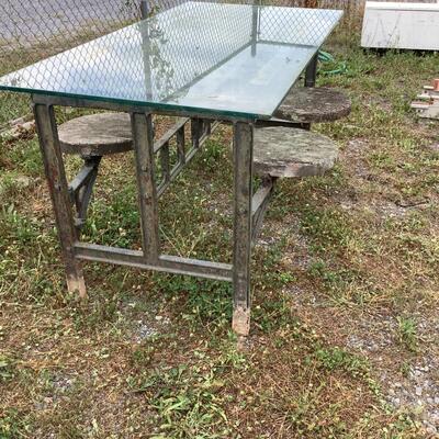 5302 Vintage Industrial Cast Iron Glass Top Swing- Out Seat Picnic Table from Boeing Vertol Plant, PA.
