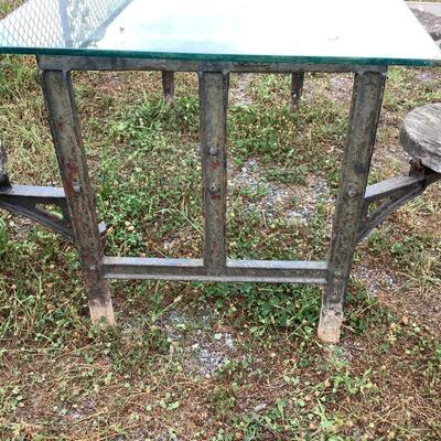 5302 Vintage Industrial Cast Iron Glass Top Swing- Out Seat Picnic Table from Boeing Vertol Plant, PA.