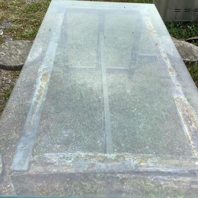 5302 Vintage Industrial Cast Iron Glass Top Swing- Out Seat Picnic Table from Boeing Vertol Plant, PA.