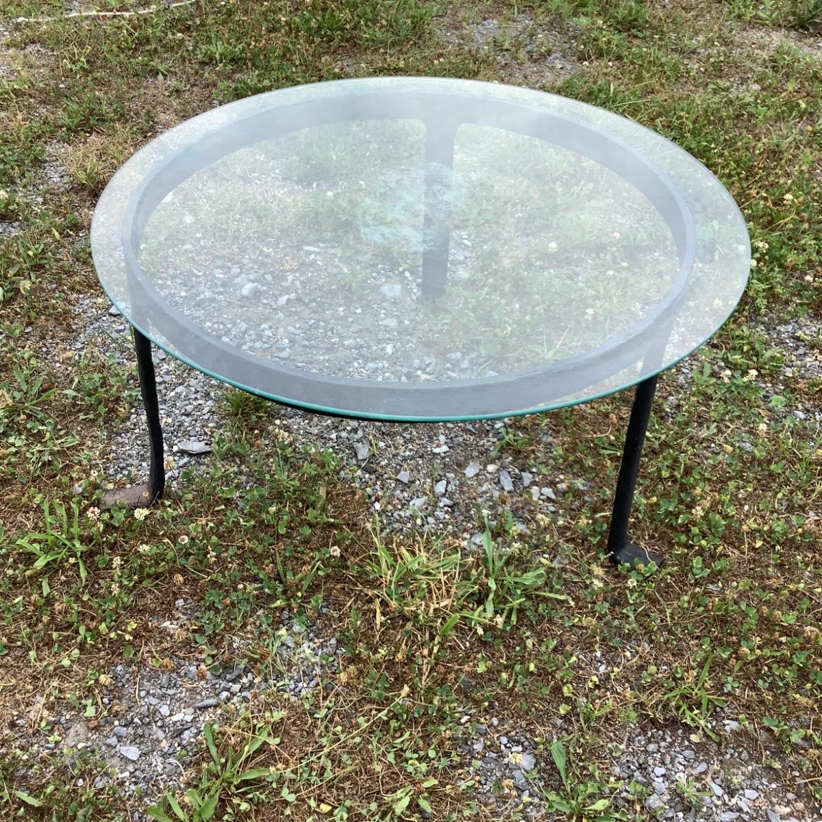 5303 Vintage Round Black Wrought Iron Glass Top Patio Table