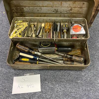 Old metal toolbox & contents