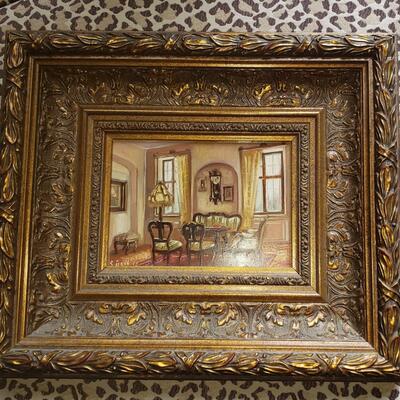 Interior Room, Small ornately framed oil painting
