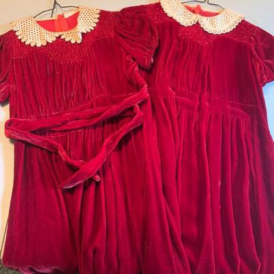 PAIR Antique Childs Red Velvet Dresses Lace Collars