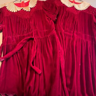 PAIR Antique Childs Red Velvet Dresses Lace Collars