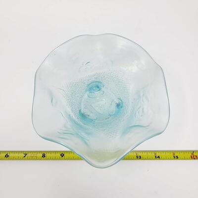 ICE BLUE CARNIVAL GLASS 3-FOOTED RUFFLED BOWL