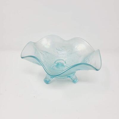 ICE BLUE CARNIVAL GLASS 3-FOOTED RUFFLED BOWL