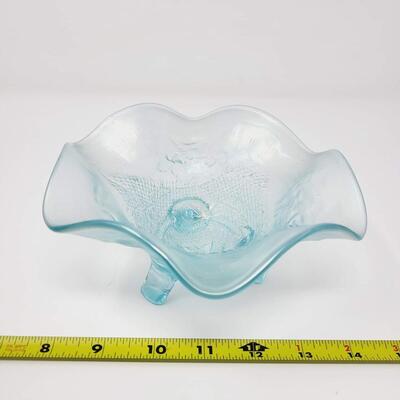 ICE BLUE CARNIVAL GLASS 3-FOOTED RUFFLED BOWL
