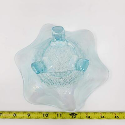 ICE BLUE CARNIVAL GLASS 3-FOOTED RUFFLED BOWL