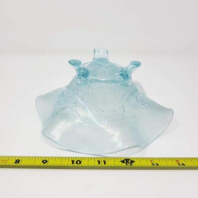 ICE BLUE CARNIVAL GLASS 3-FOOTED RUFFLED BOWL