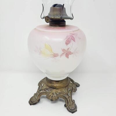 ANTIQUE EAGLE FLORAL MILK GLASS OIL LAMP