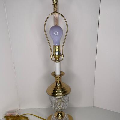 Brass and cut glass cut lamp 28 in tall with shade & pineapple finial