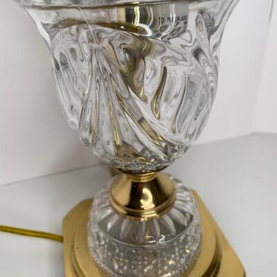 Brass and cut glass cut lamp 28 in tall with shade & pineapple finial