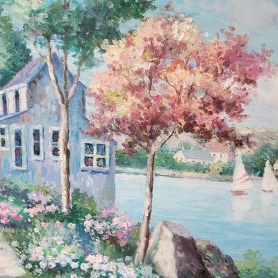 Landscape painting with house, water and sailboats