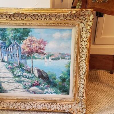 Landscape painting with house, water and sailboats