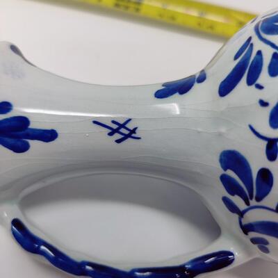 ORNATE VINTAGE BLUE AND WHITE DELFT PITCHER MADE IN HOLLAND