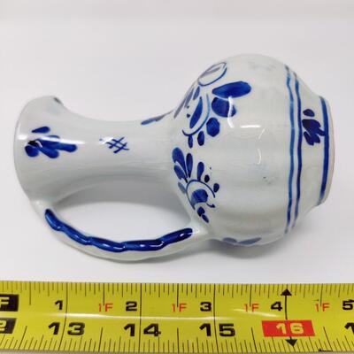 ORNATE VINTAGE BLUE AND WHITE DELFT PITCHER MADE IN HOLLAND