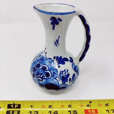 ORNATE VINTAGE BLUE AND WHITE DELFT PITCHER MADE IN HOLLAND