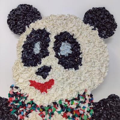 VINTAGE MELTED PLASTIC POPCORN PANDA WITH COLORFUL BOWTIE