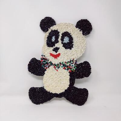 VINTAGE MELTED PLASTIC POPCORN PANDA WITH COLORFUL BOWTIE