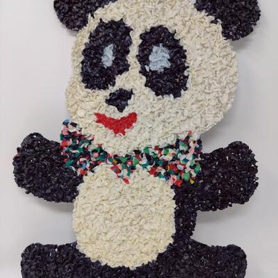 VINTAGE MELTED PLASTIC POPCORN PANDA WITH COLORFUL BOWTIE