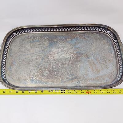 BEAUTIFUL VINTAGE ETCHED SILVERPLATE FOOTED SERVING TRAY