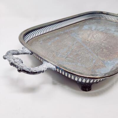 BEAUTIFUL VINTAGE ETCHED SILVERPLATE FOOTED SERVING TRAY