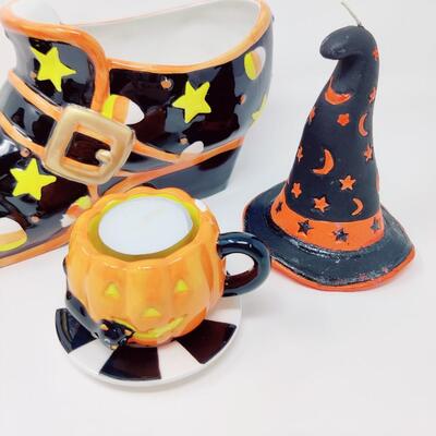 FUN HALLOWEEN CANDLES AND CERAMIC BOOT LOT