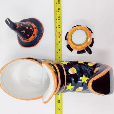 FUN HALLOWEEN CANDLES AND CERAMIC BOOT LOT