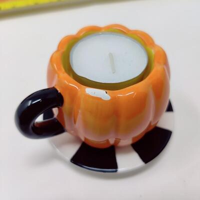 FUN HALLOWEEN CANDLES AND CERAMIC BOOT LOT