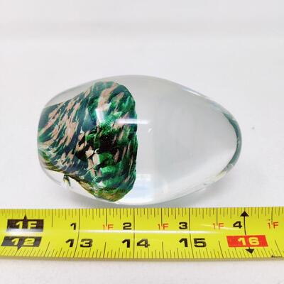 BEAUTIFUL CLEAR GLASS AND EARTHY GREEN SWIRL EGG PAPERWEIGHT