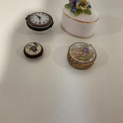 3 trinket boxes and 1 miniature crewel topped seat