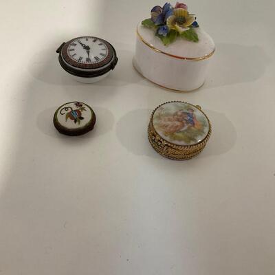 3 trinket boxes and 1 miniature crewel topped seat