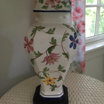 Floral print ceramic lamp.