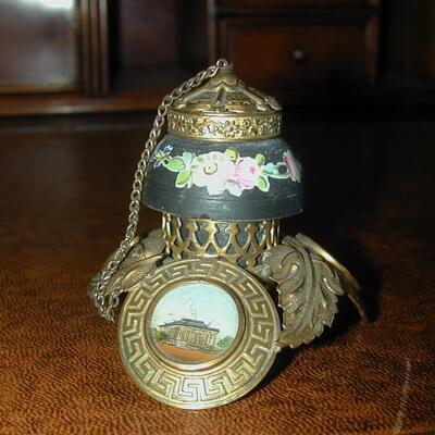 French/German Porcelain & Gilt Metal Inkwell W/Three Reverse Painted Images