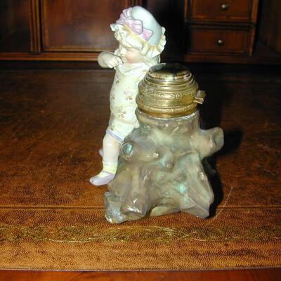 Figural Bisque/Pottery & Metal Little Girl Inkwell