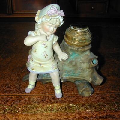 Figural Bisque/Pottery & Metal Little Girl Inkwell