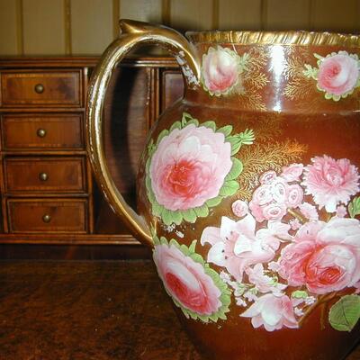 Large Pottery Pitcher - Enamel Painted? Ornate Flora Relief