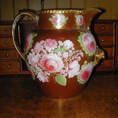 Large Pottery Pitcher - Enamel Painted? Ornate Flora Relief