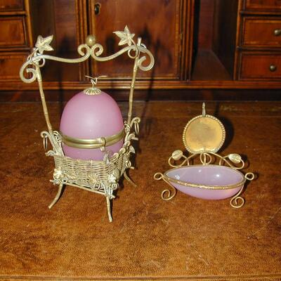 French Gilt Frame Pink Opaline Glass Egg Trinket Box & Pin/Dresser Tray/Dish