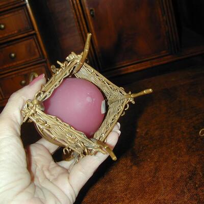 French Gilt Frame Pink Opaline Glass Egg Trinket Box & Pin/Dresser Tray/Dish