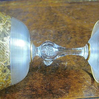 Pair Antique Blown Spun Glass Champagne Goblets - Heavy Gold Decor