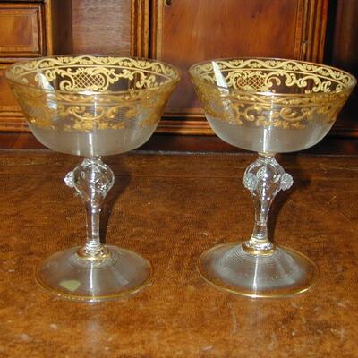Pair Antique Blown Spun Glass Champagne Goblets - Heavy Gold Decor