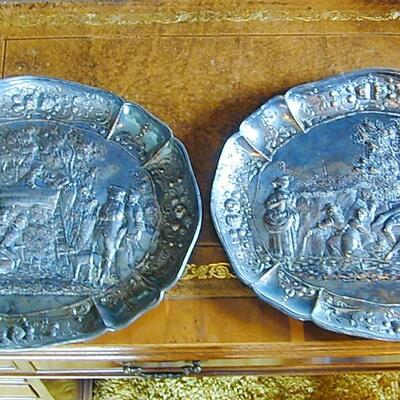 Pair Silver On Copper Scenic Relief Wall Plaques