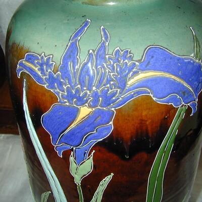 HUGE Signed Asian Pottery Vase Iris