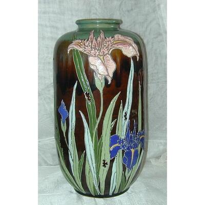 HUGE Signed Asian Pottery Vase Iris