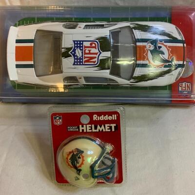 Miami Dolphins Vintage NFL Diecast Car 8â€ approx & Riddell Pocket Chrome Helmet 2â€ approx
