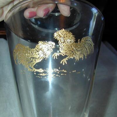 Czech Glass Cocktail Shaker Faceted Floral Bottom Gold Fighting Roosters
