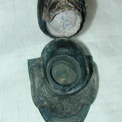 Antique Figural Cast Metal Inkwell Men's Bust - With French receipt