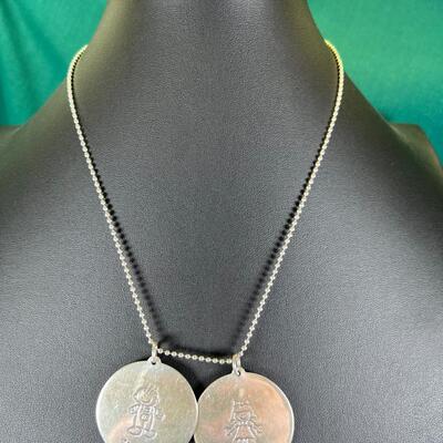 22" ball chain SS with 2 3" discs ( sterling) "Katie" and "Will"